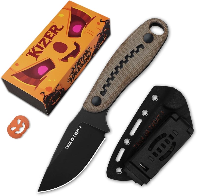 KIZER Hare Fixed Blade Knife, 3.14" Nitro V Blade Halloween EDC Hunting Knife with Brown Micarta and Black G10 Handle, Small Camping Knives with Kydex Sheath, Survival Knives for Men Women, 1077HW1 - Image 1